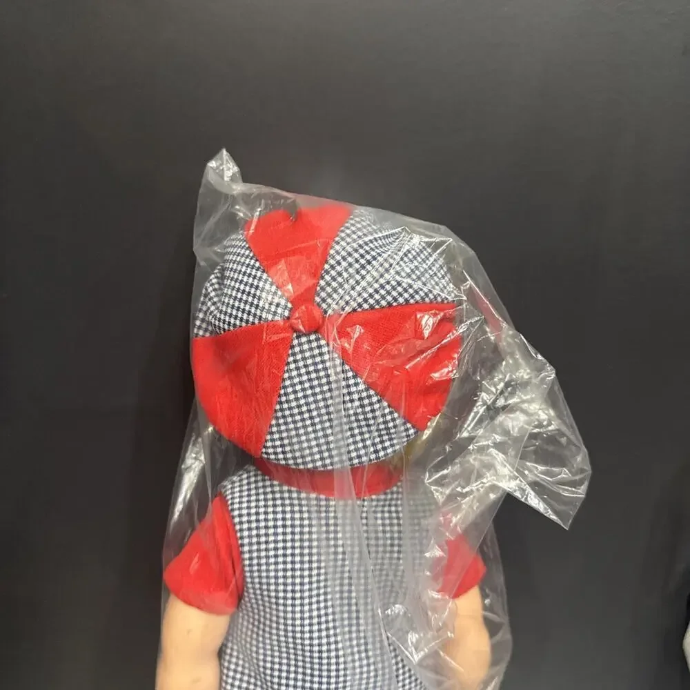Vintage 19” Hard Plastic Blonde Girl Doll Blue Gingham Dress Red Trim *